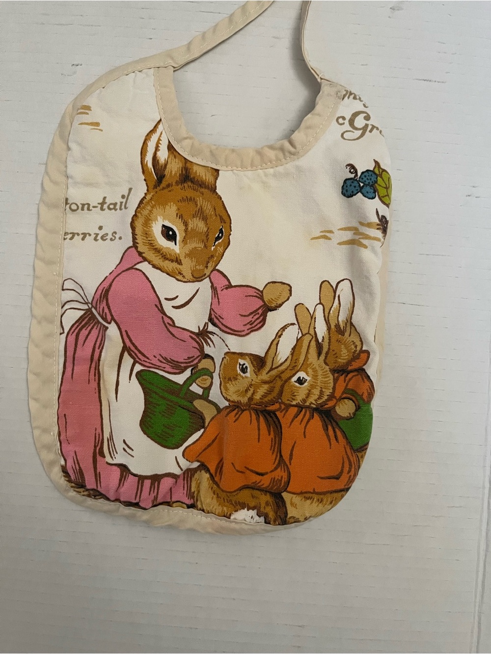 Vintage Bunny Print Baby Bib in Cream, Pink & Orange